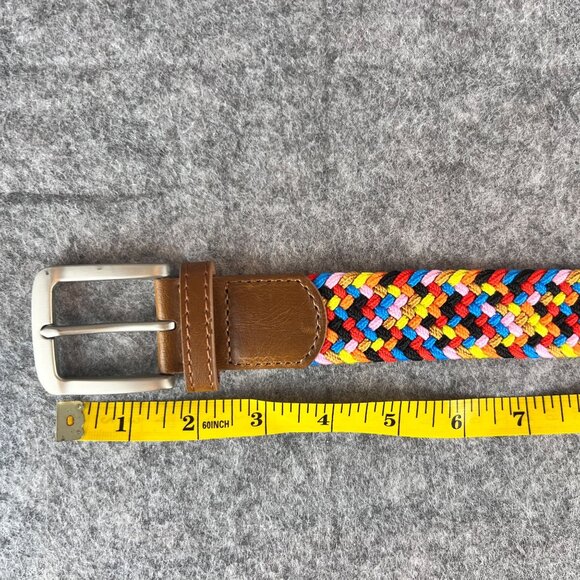 Woven Rainbow Multicolor Elastic Braided Belt Silver Buckle Brown Leather Trim - Picture 6 of 13